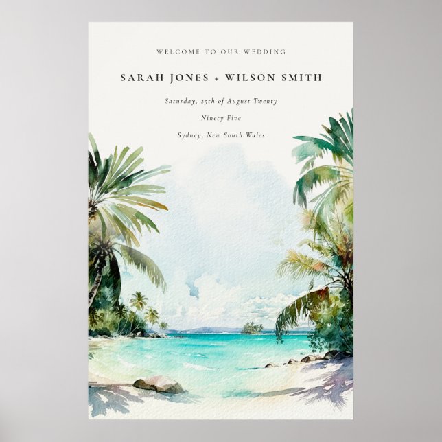 Tropical Beach Palm Trees Wedding Welcome Poster (Front)