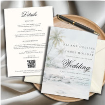 Tropical Beach Palm Watercolor Wedding Invitation
