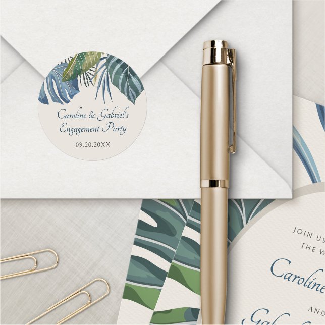 Tropical Beach Palm Wedding Shower Party Classic Round Sticker (Creator Uploaded)