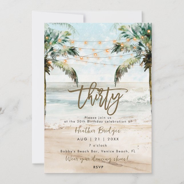 Tropical beach palms 30th birthday party invitation (Front)