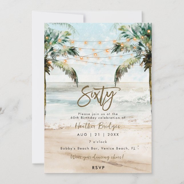 Tropical beach palms 60th birthday party invitation (Front)