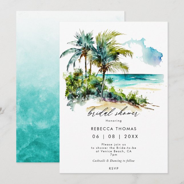 tropical beach palms bridal shower invitation (Front/Back)