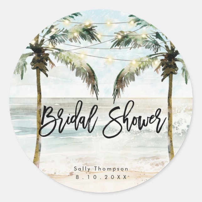 Tropical beach palms bridal shower sticker (Front)