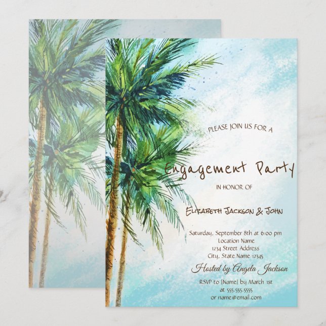 Tropical Beach,Palms Engagement Invitation (Front/Back)