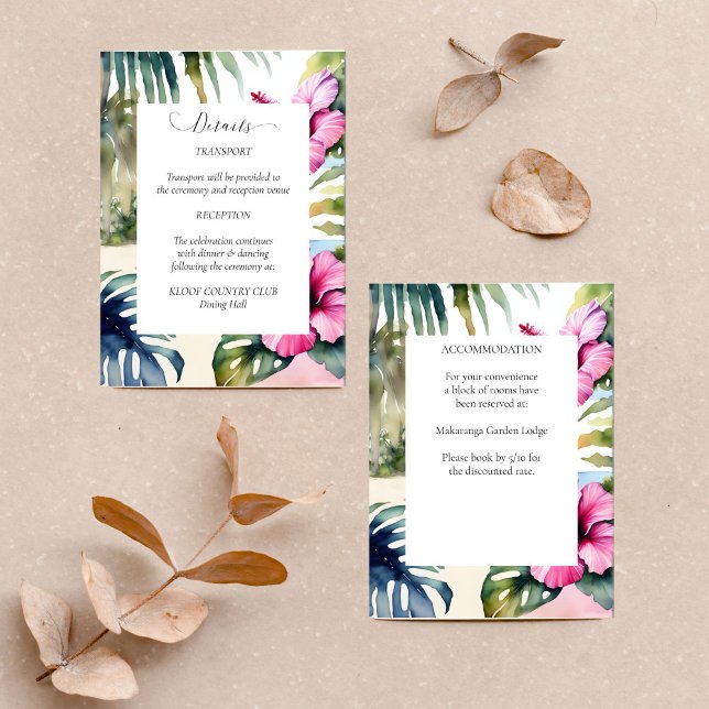 Tropical beach palms hibiscus wedding details card (Tropical beach palms hibiscus wedding details enclosure card watercolor palm leaves pink flowers )
