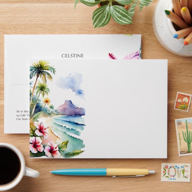 Tropical beach palms hibiscus wedding matching envelope (Desk)