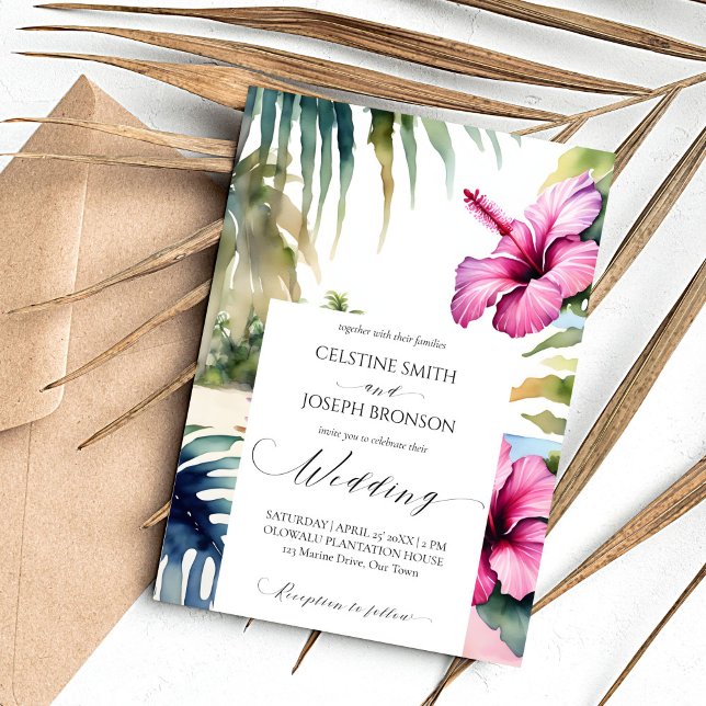 Tropical beach palms hibiscus wedding template (Tropical beach wedding template invitation digital download palm trees leaves pink hibiscus)