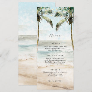 Tropical beach palms lights wedding menu cards