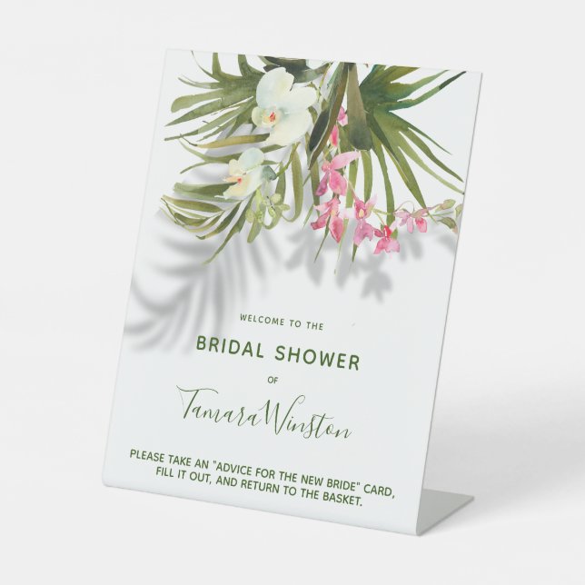 Tropical Beach Palms, Shadows, Pink Floral Bridal Pedestal Sign (Front)