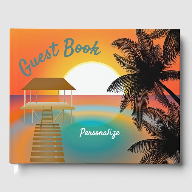Tropical Beach Paradise Palm Tree Sunset Guest Book (Front)