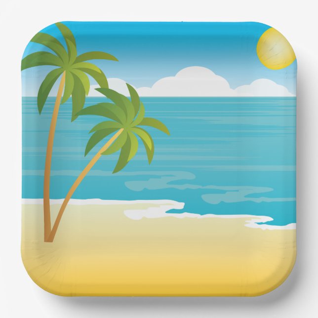 Tropical Beach Paradise with Palm Trees Paper Plate (Front)
