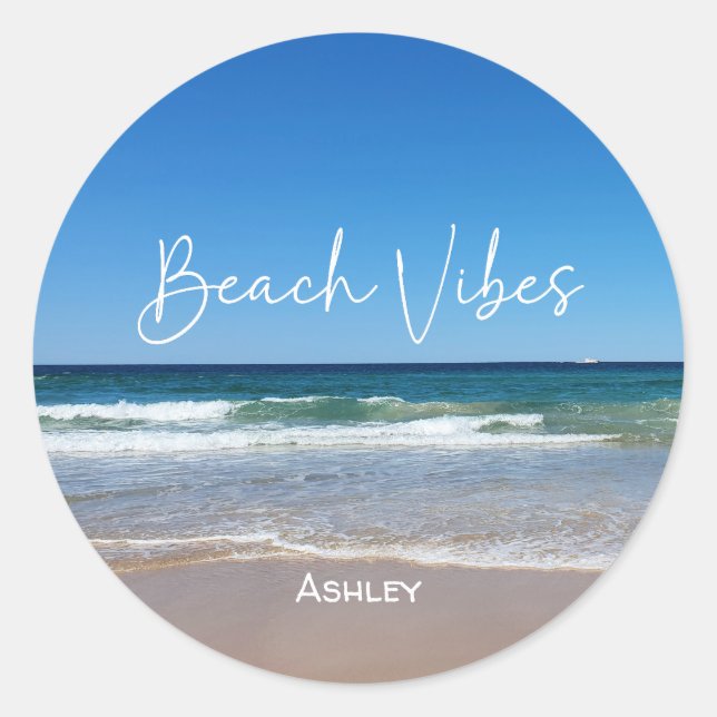 Tropical Beach Personalised Classic Round Sticker (Front)