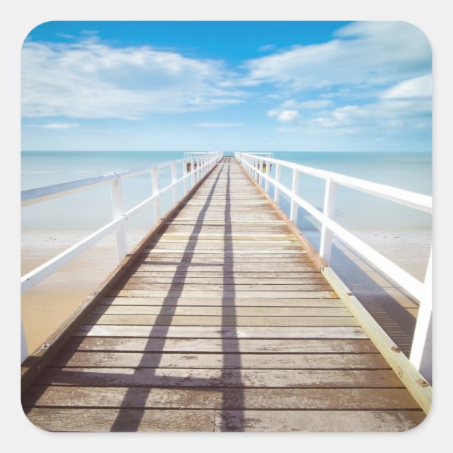 Tropical Beach Pier Square Sticker (Front)