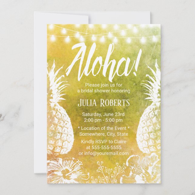 Tropical Beach Pineapple Watercolor Bridal Shower Invitation (Front)