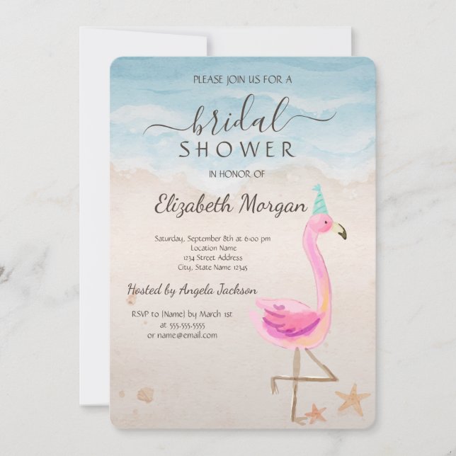 Tropical Beach Pink Flamingos Bridal Shower Invitation (Front)
