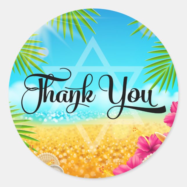 Tropical Beach Pink Hibiscus Bat Mitzvah Thank You Classic Round Sticker (Front)