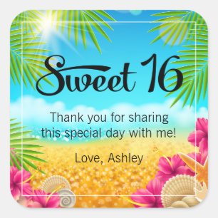 Tropical Beach Pink Hibiscus Sweet 16 Favour Square Sticker