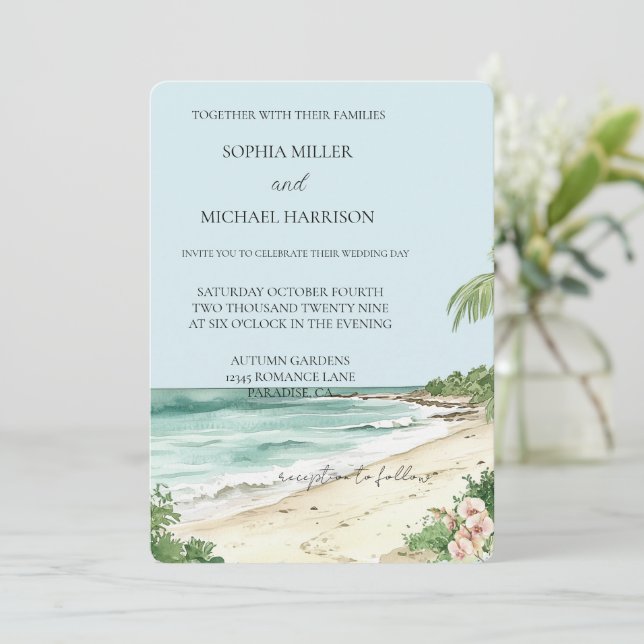 Tropical Beach Pink Orchid Floral Wedding Invitation (Standing Front)