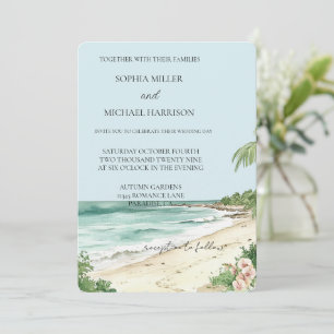 Tropical Beach Pink Orchid Floral Wedding Invitation