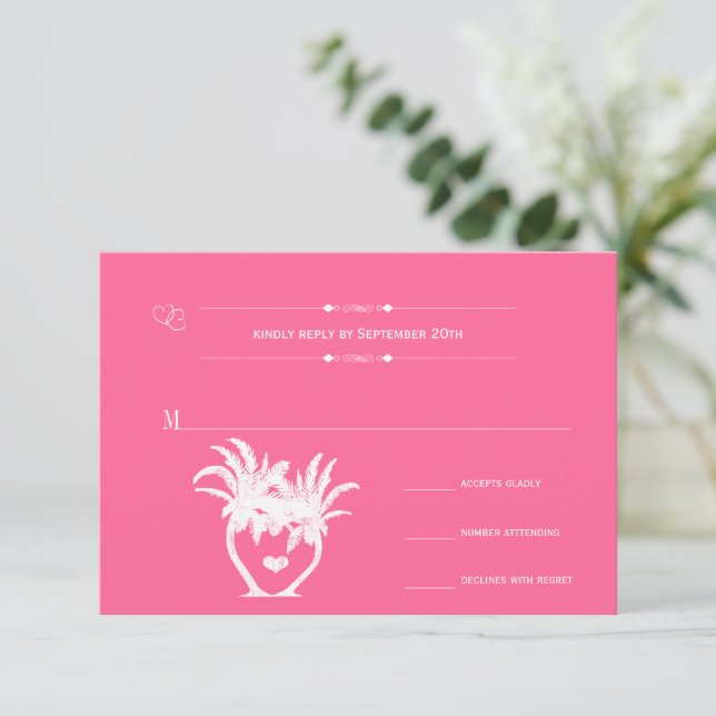 Tropical Beach Pink Palm Tree Destination RSVP Card (Standing Front)