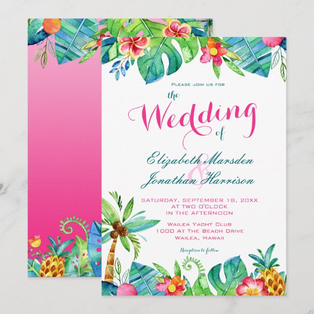 Tropical Beach Pink Teal Floral Ombre Wedding Invitation (Front/Back)