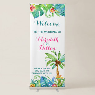 Tropical Beach Pink Teal Floral Wedding Welcome Retractable Banner