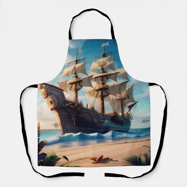 Tropical Beach Pirate Ship Apron (Front)