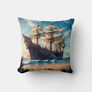 Tropical Beach Pirate Ship Cushion