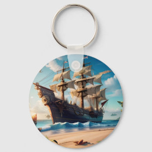 Tropical Beach Pirate Ship Key Ring