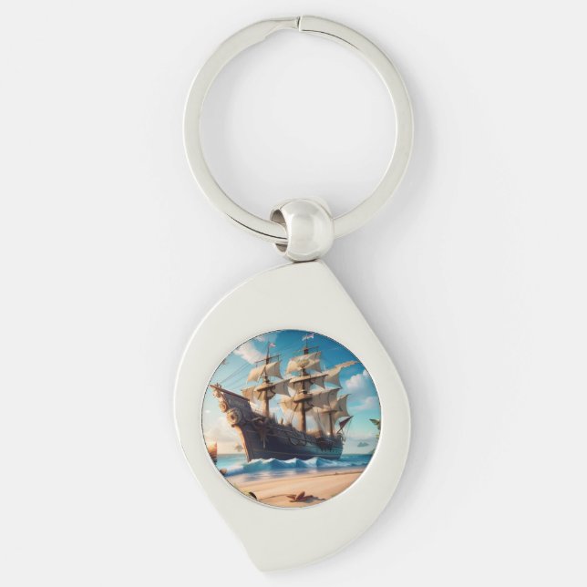 Tropical Beach Pirate Ship Key Ring (Front)
