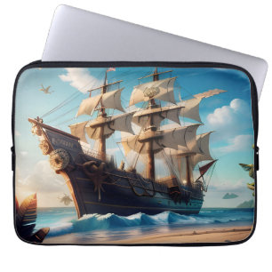 Tropical Beach Pirate Ship Laptop Sleeve