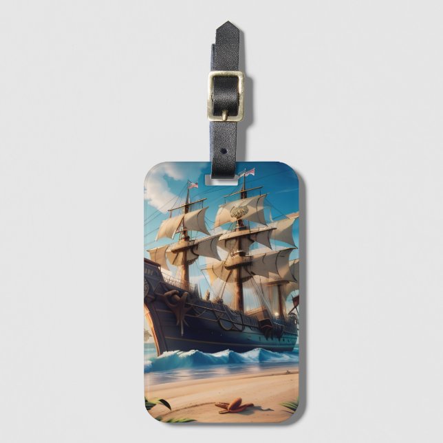 Tropical Beach Pirate Ship Luggage Tag (Front Vertical)
