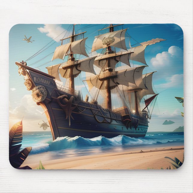 Tropical Beach Pirate Ship Mouse Mat (Front)