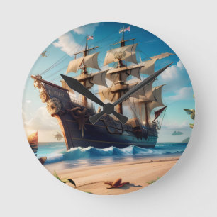 Tropical Beach Pirate Ship Round Clock