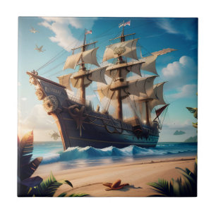 Tropical Beach Pirate Ship Tile