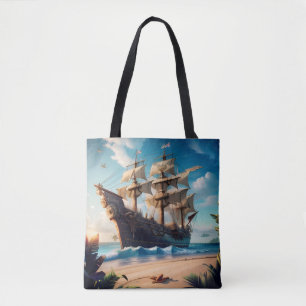 Tropical Beach Pirate Ship Tote Bag