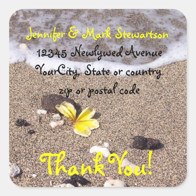 Tropical Beach Plumeria Thank you with address Square Sticker (Front)