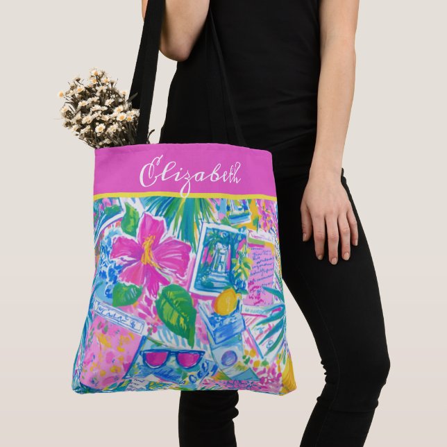 Tropical Beach Postcards Personalised Tote Bag (Close Up)