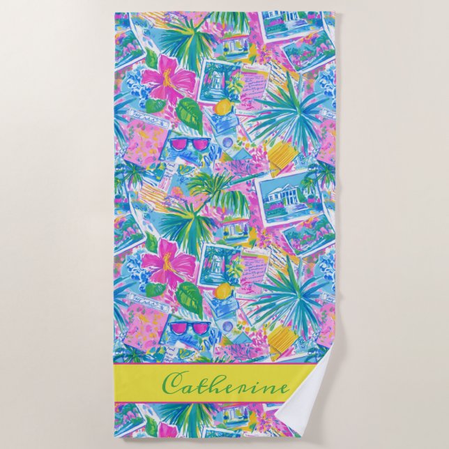 Tropical Beach Postcards Personalised Towel (Front)