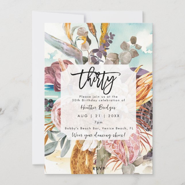 Tropical beach protea 30th birthday party invitation (Front)