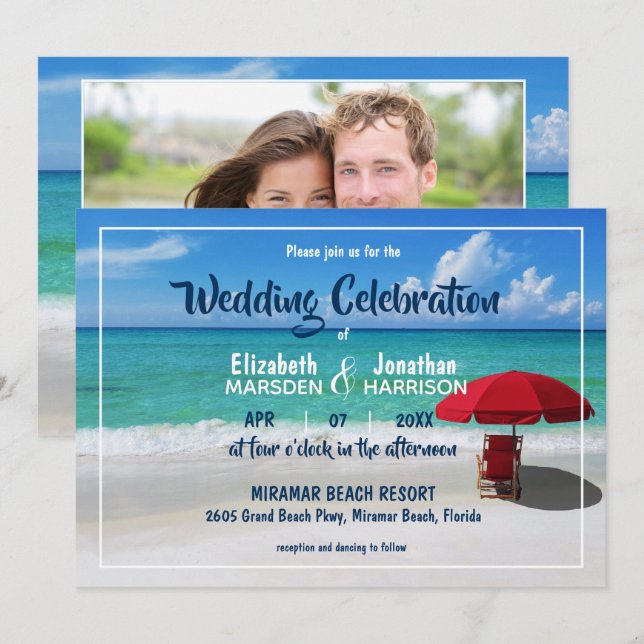 Tropical Beach Red Umbrella Modern Photo Wedding Invitation (Front/Back)