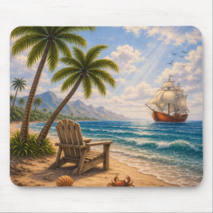 Tropical Beach Sailing Ship Vintage Coastal Scene  Mouse Mat