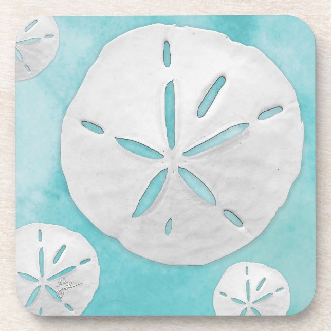 Tropical Beach Sand Dollar Turquoise Watercolor Coaster (Front)