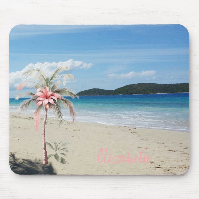 Tropical Beach,Sand,Palm Tree,Flower Mouse Mat (Front)