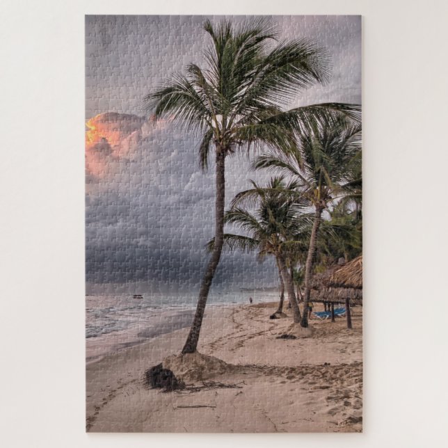 Tropical Beach Sand Palms Sunset Jigsaw Puzzle (Vertical)