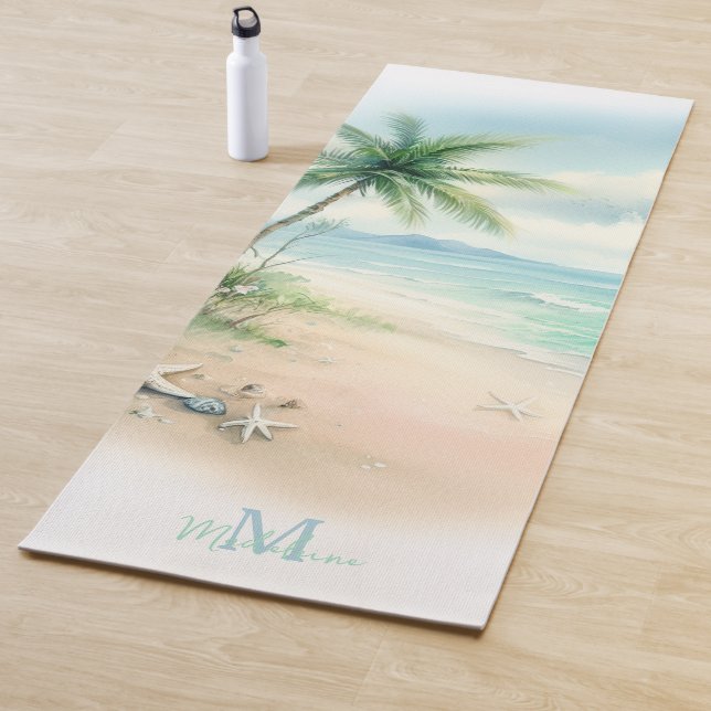 Tropical Beach Sand Starfish Palm Name Monogram Yoga Mat (In Situ)