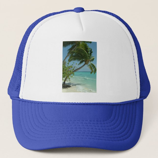 Tropical Beach Sand Sun Water Ocean Waves Surf Art Trucker Hat (Front)