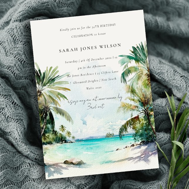Tropical Beach Sand Watercolor Palm Trees Birthday Invitation (Creator Uploaded)