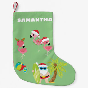 Tropical Beach Santa and Flamingos  Small Christmas Stocking