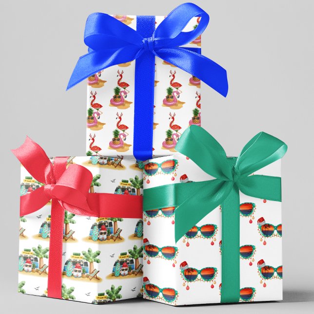 Tropical Beach Santa Christmas Flamingo  Wrapping Paper Sheet (Creator Uploaded)